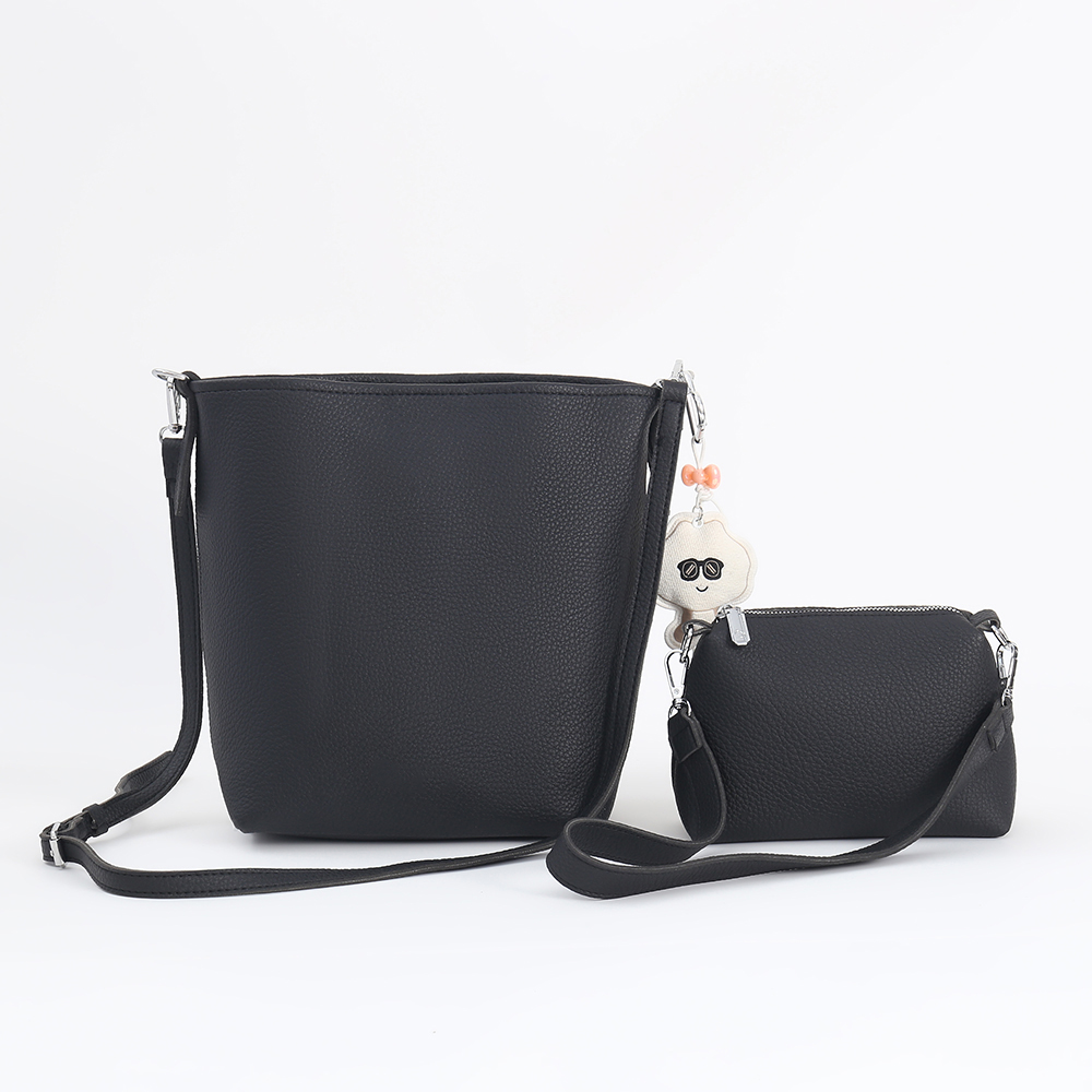 IMG_6089 Black Two Size PU Bucket Bag Set