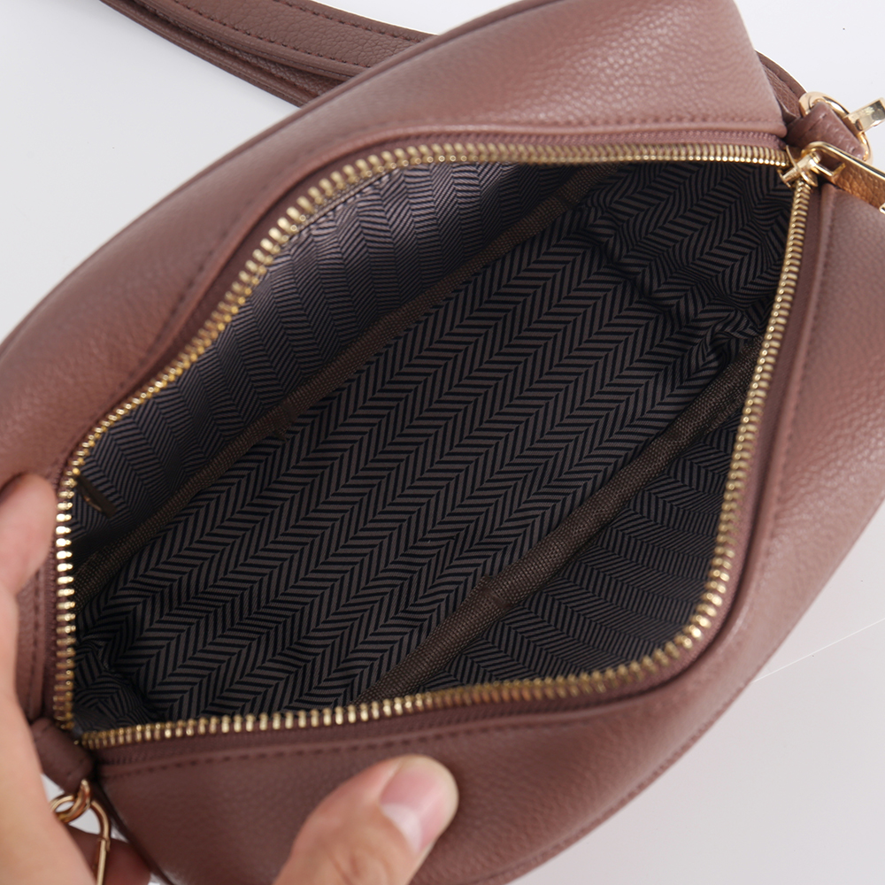 Brown Double Zip PU Crossbody Bag