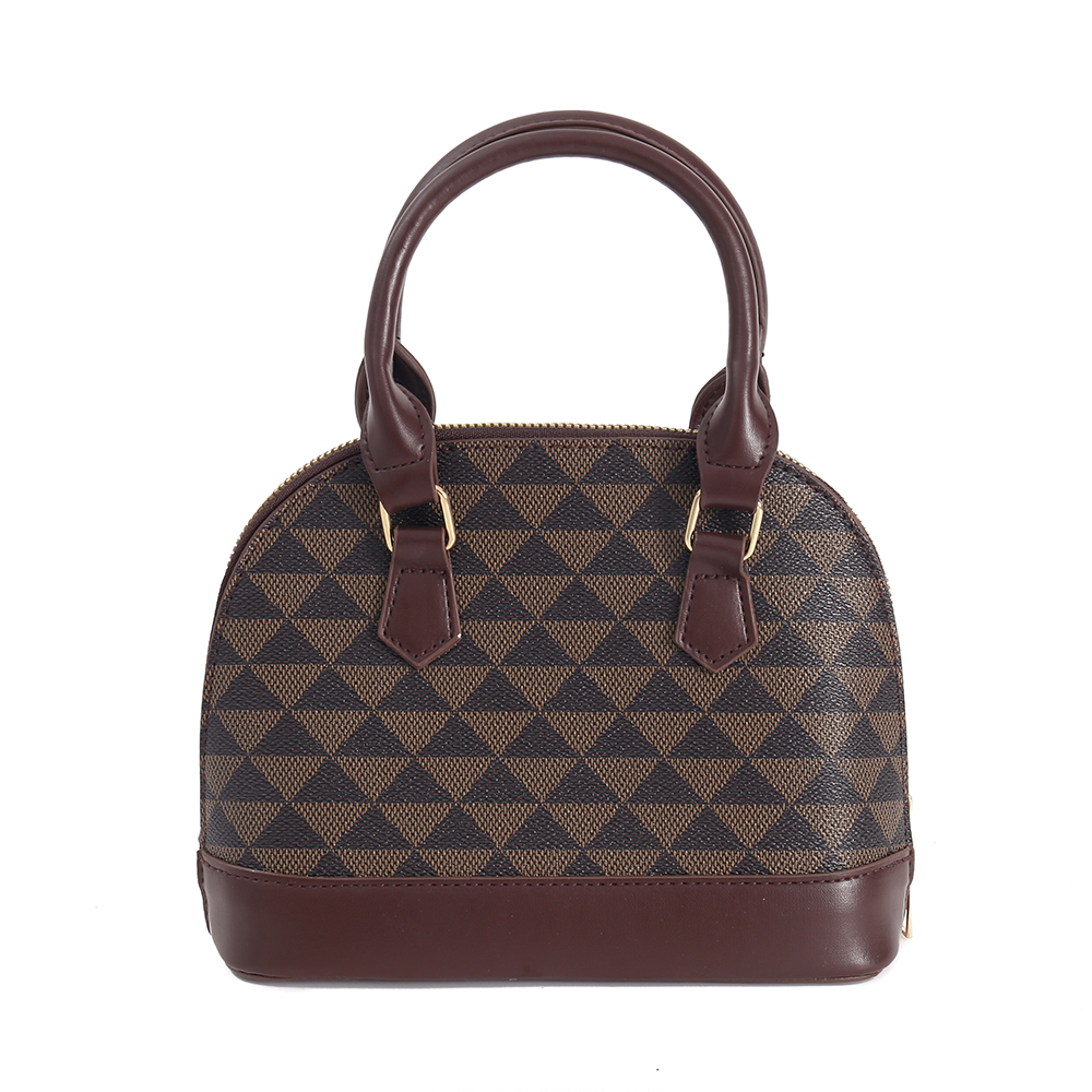 Brown Geometric Print PVC Top Handle Bag