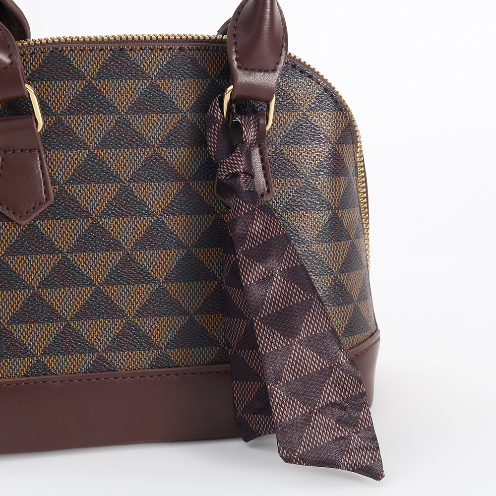 Brown Geometric Print PVC Top Handle Bag