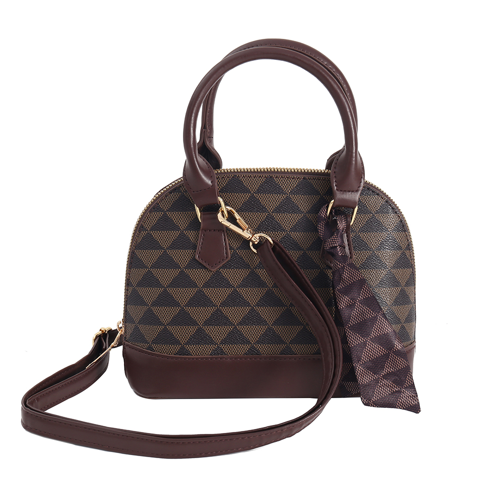 Brown Geometric Print PVC Top Handle Bag