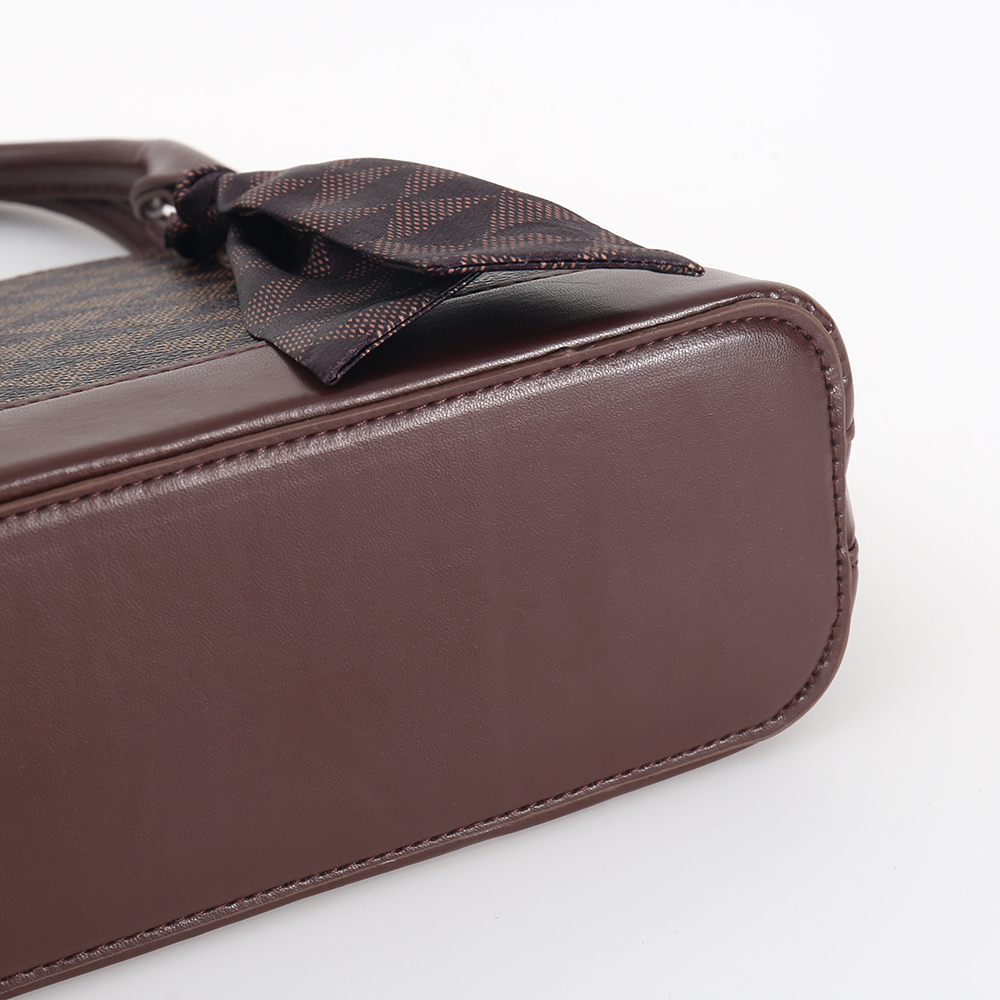 Brown Geometric Print PVC Top Handle Bag