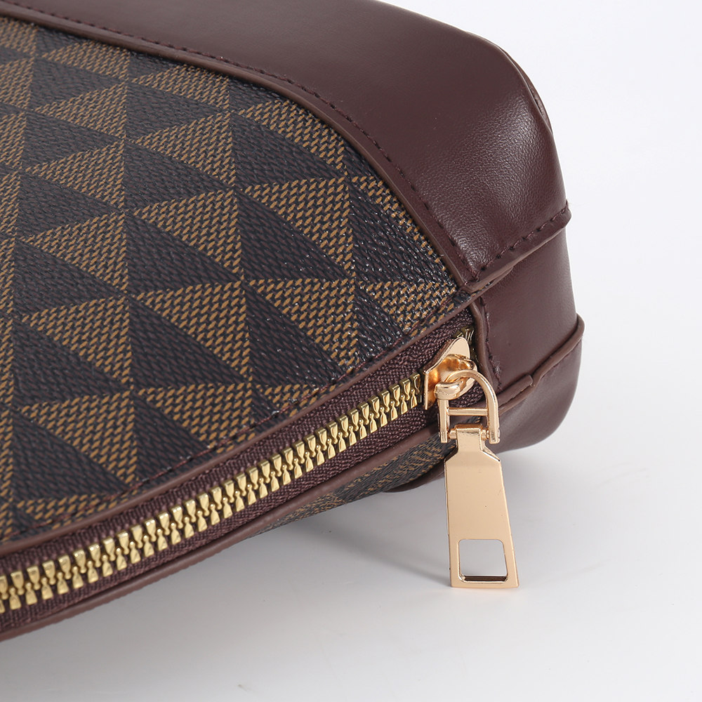 Brown Geometric Print PVC Top Handle Bag