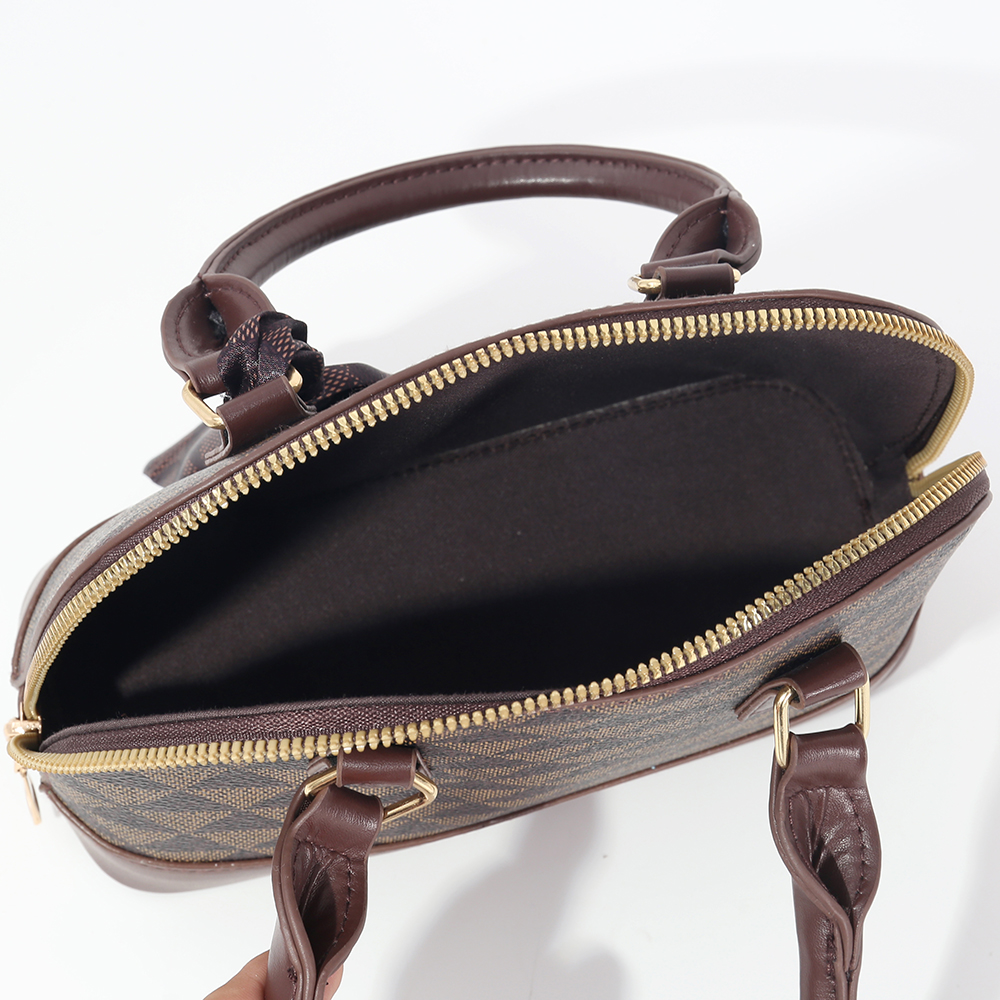 Brown Geometric Print PVC Top Handle Bag