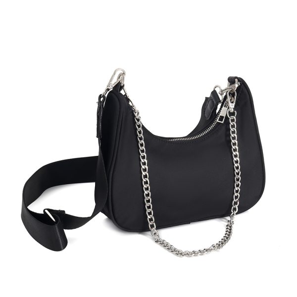 Black Chain Detail Fabric Shoulder Bag