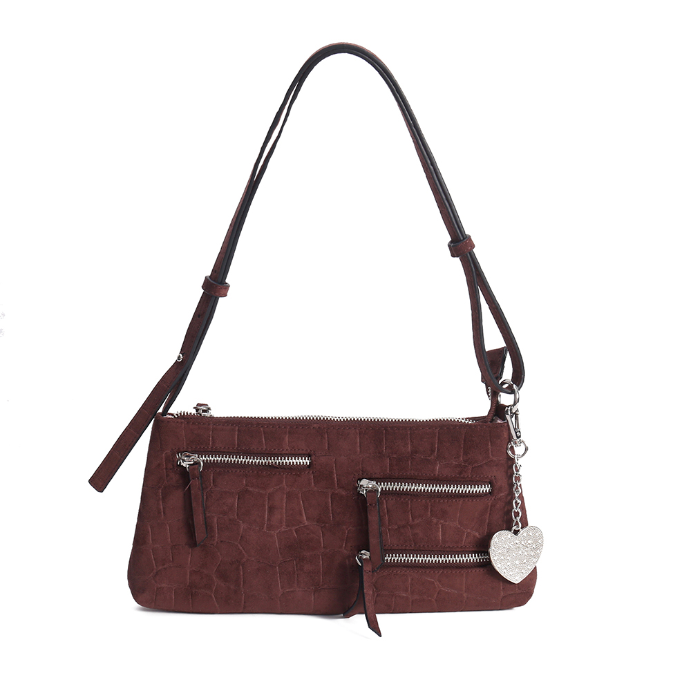 Brown Zip Pocket Velvet Shoulder Bag