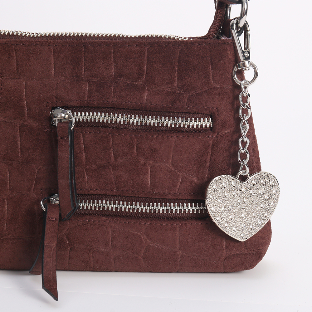 Brown Zip Pocket Velvet Shoulder Bag