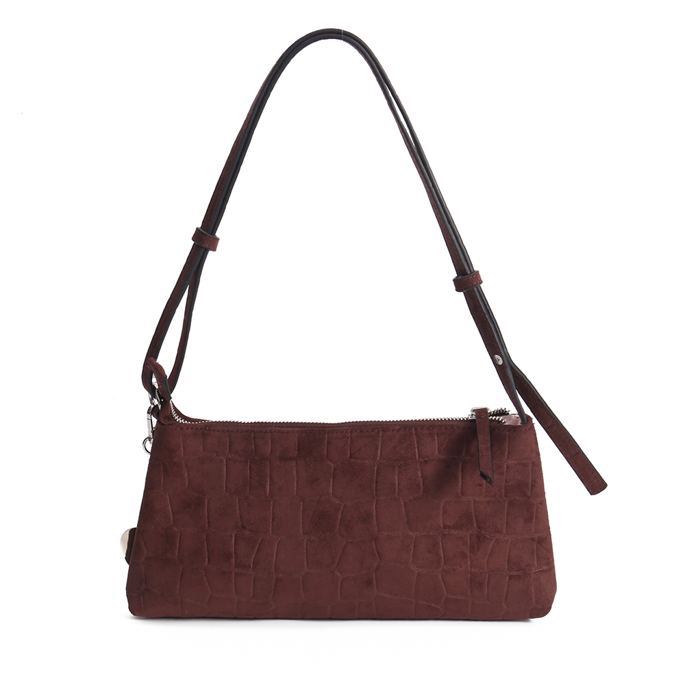 Brown Zip Pocket Velvet Shoulder Bag