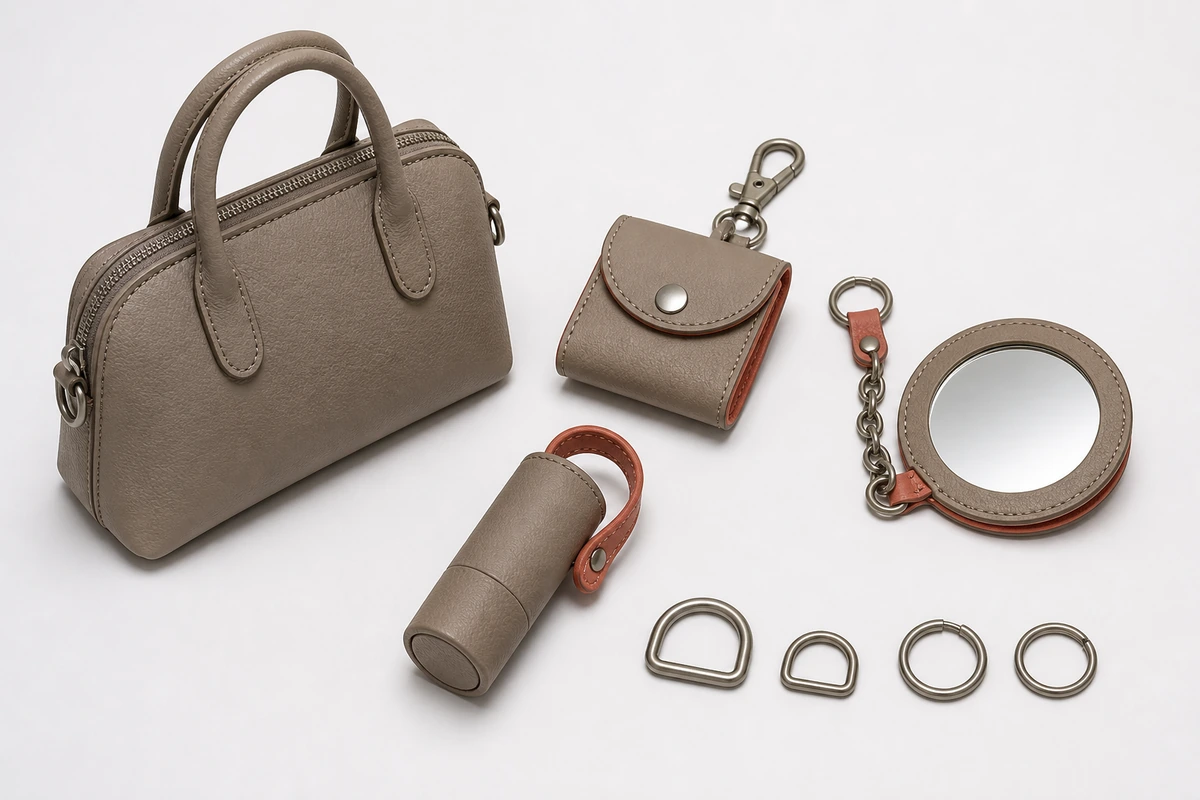 Different attachment methods for functional bag charms including clips chains and D-rings