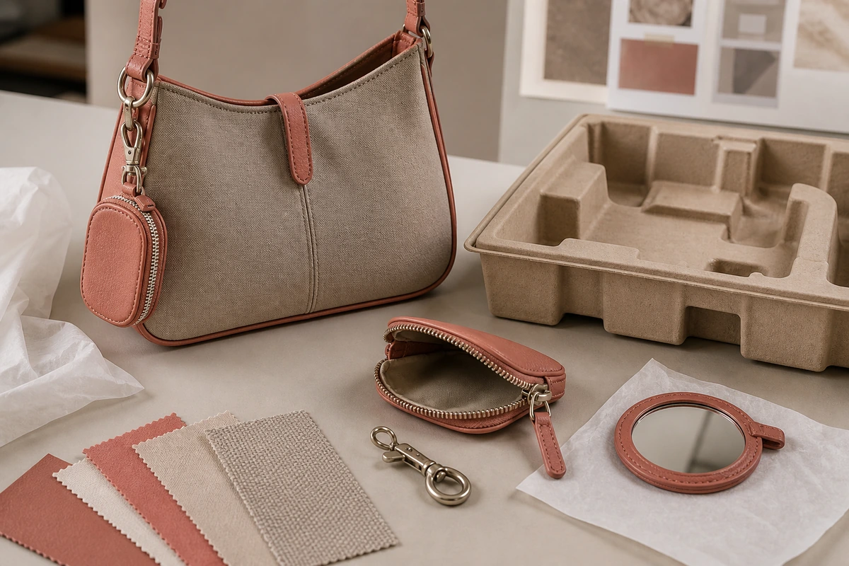 Bag charm product development materials hardware sampling and packaging review