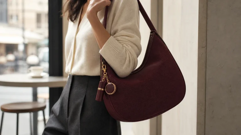 Burgundy hobo bag styled with two small beauty bag charms attached at the handle base.