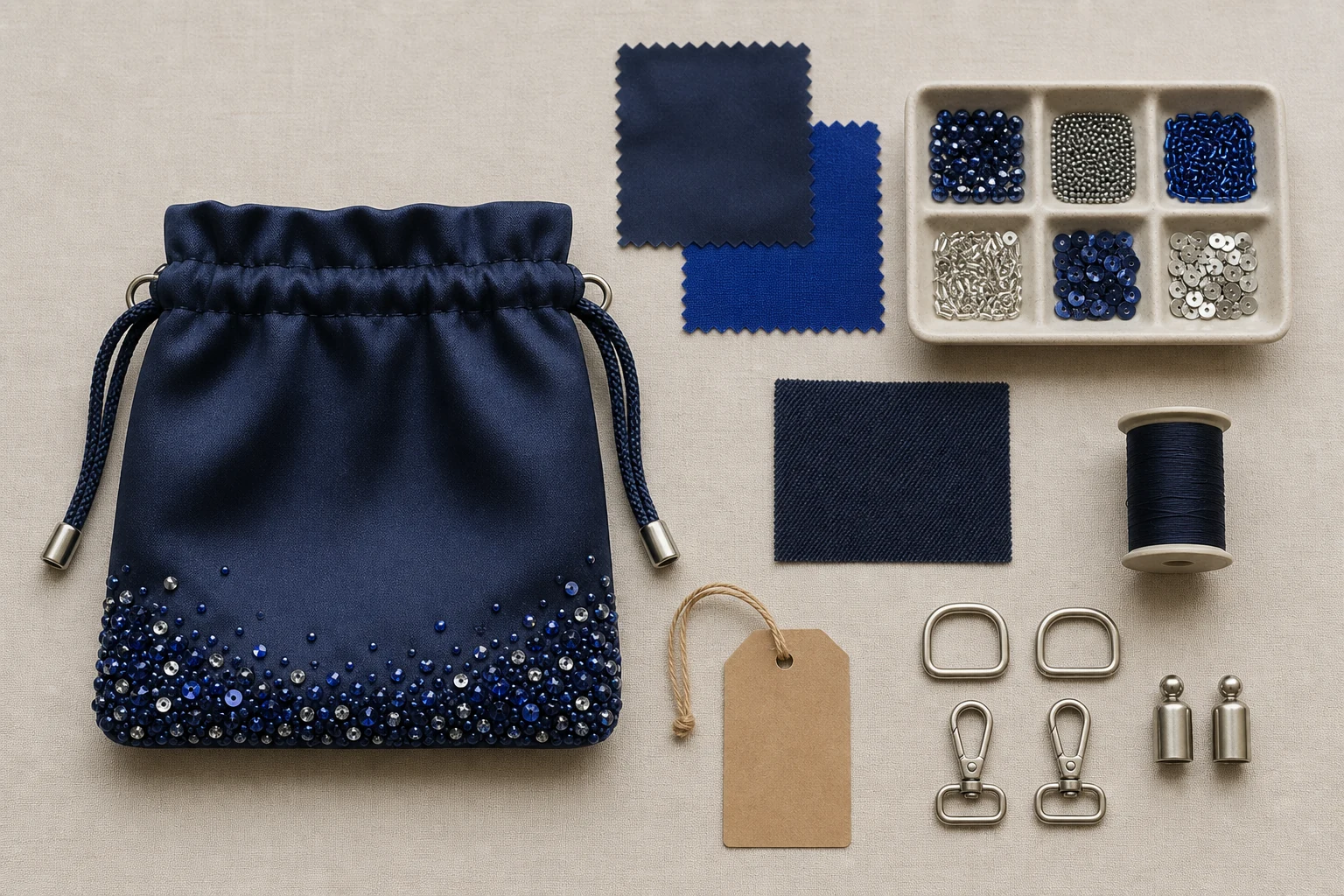 Unbranded navy pouch prototype with fabric swatches, beads, sequins, thread and generic hardware.