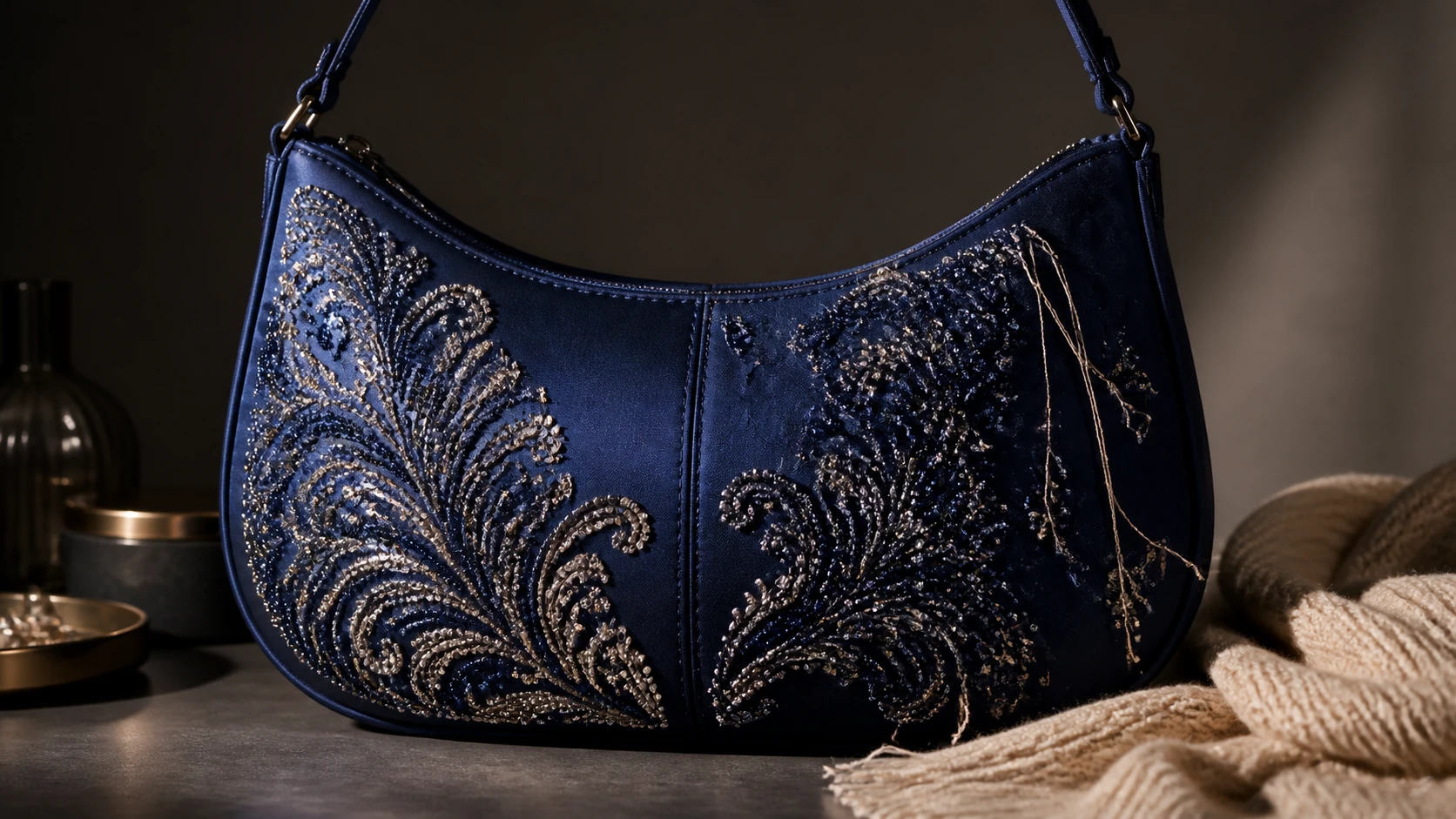 Cobalt embellished shoulder bag beside cream knit fabric with a few loose decorative threads showing a wearability risk.