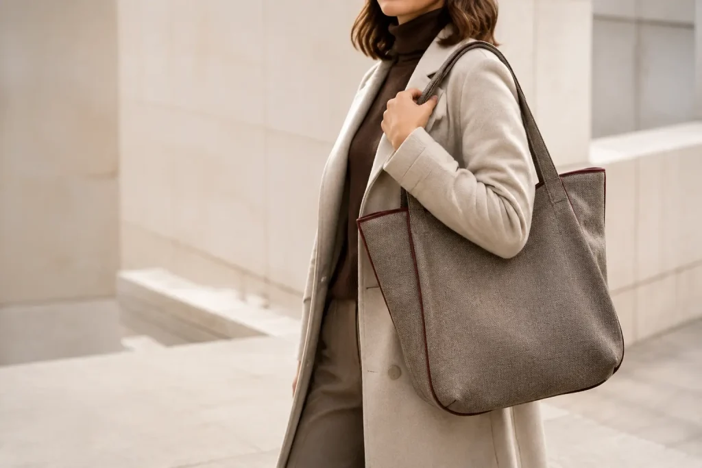 Fall 2026 oversized flat tote bag trend in taupe textile