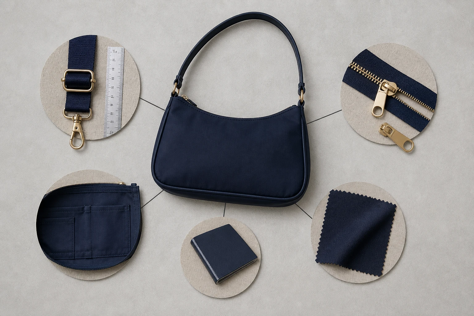 Unbranded navy shoulder bag surrounded by strap, zipper, pocket, material and finish references.