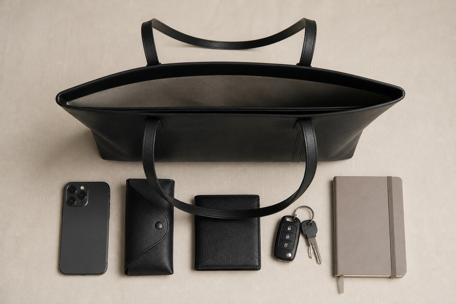 Unbranded black flat tote shown with phone, glasses case, wallet, keys and notebook.