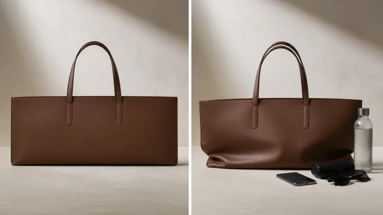 Unbranded brown flat tote shown pristine beside the same bag distorted by everyday objects.