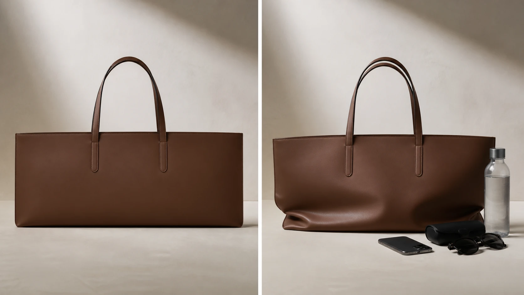 Unbranded brown flat tote shown pristine beside the same bag distorted by everyday objects.