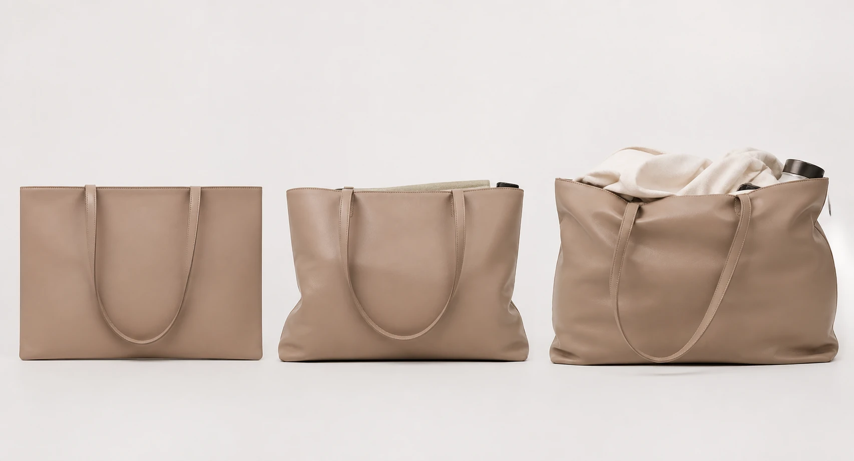 Three unbranded neutral totes progressing from empty and flat to lightly loaded and overfilled.