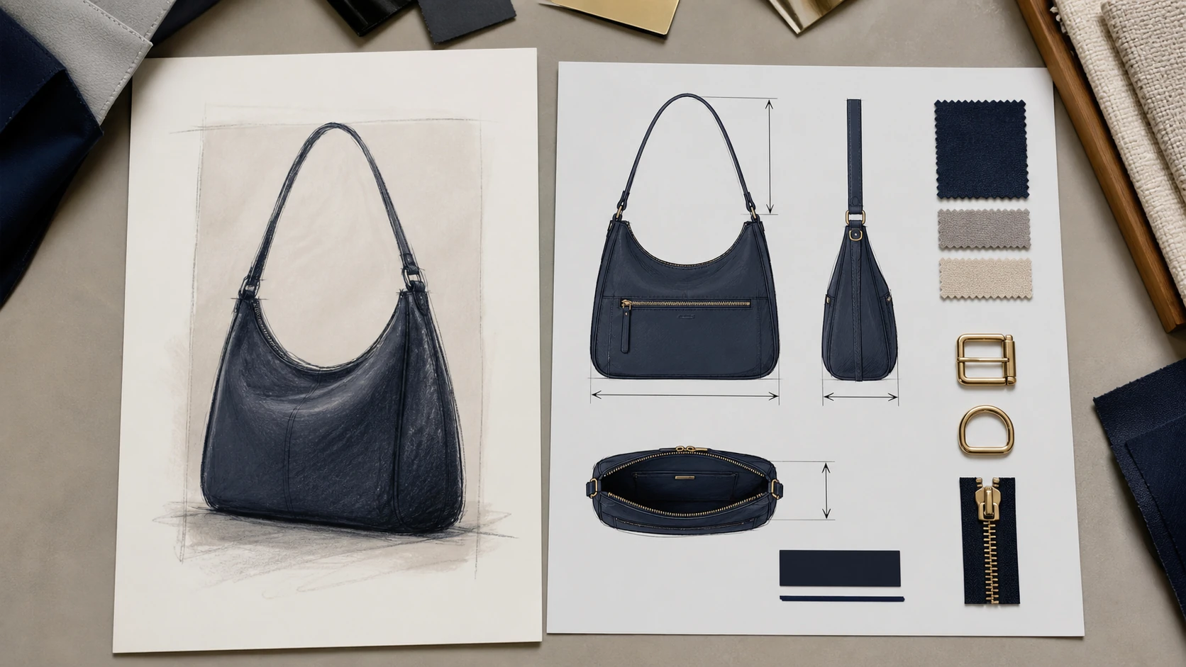 Unbranded navy handbag concept shown as a loose sketch beside a detailed specification flat lay.