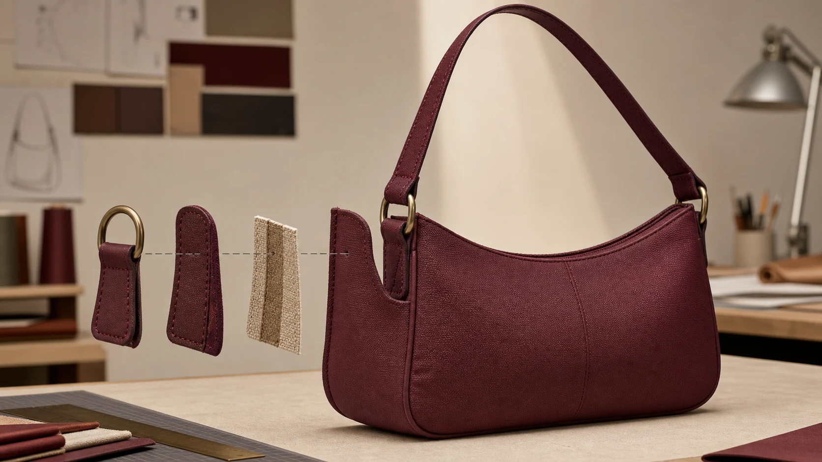 Unbranded burgundy shoulder bag with an exposed strap anchor construction beside the finished bag.