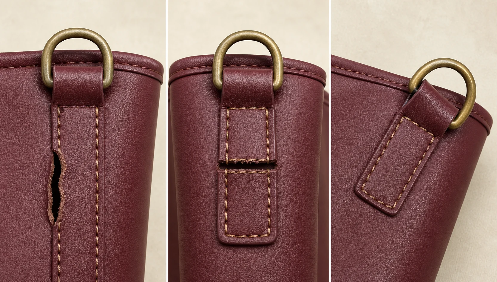 Three unbranded handbag strap anchor samples showing torn material, opened stitching and sideways ring rotation.