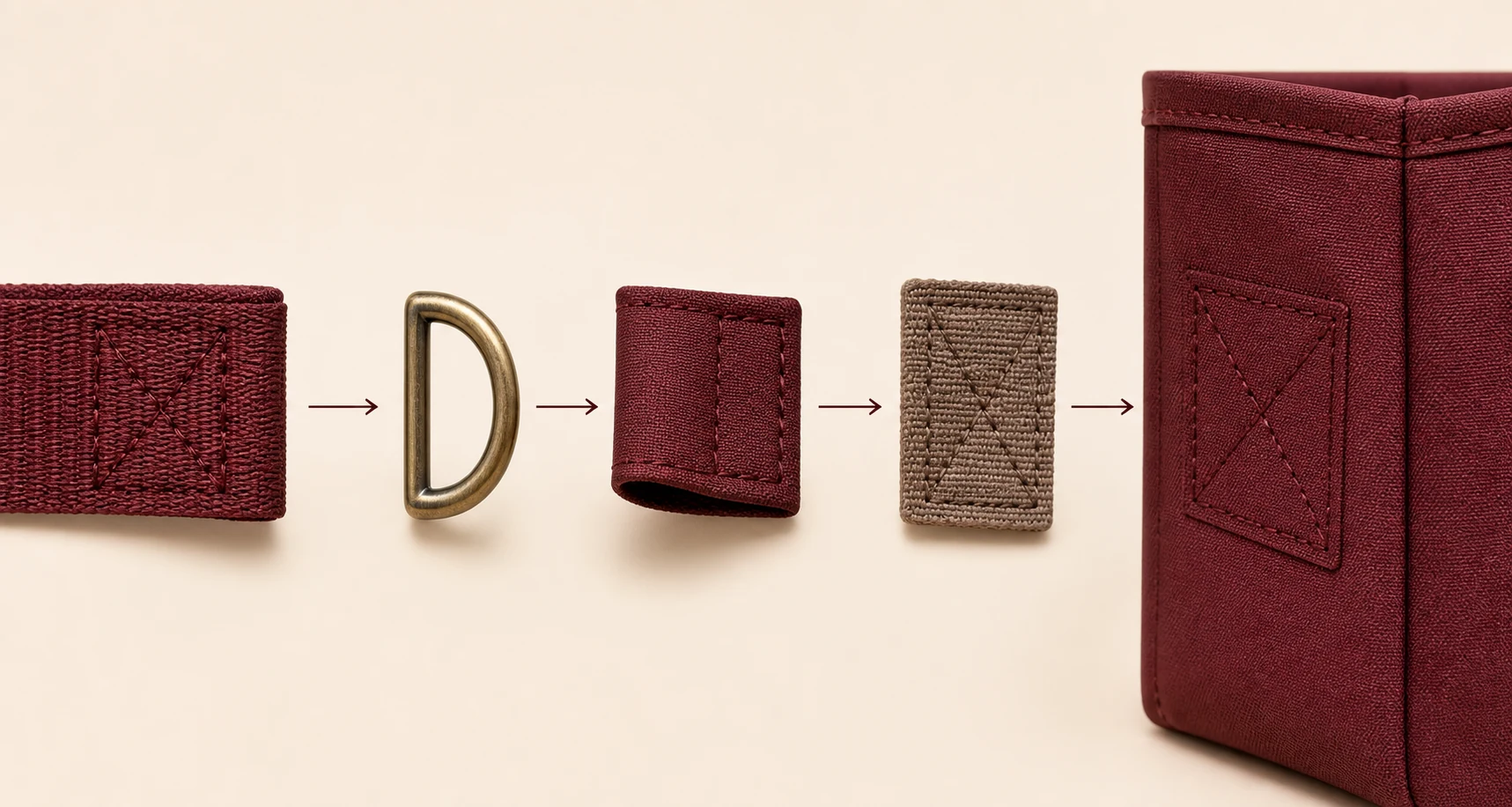 Exploded view of an unbranded shoulder bag strap, ring, anchor tab, reinforcement and body panel.