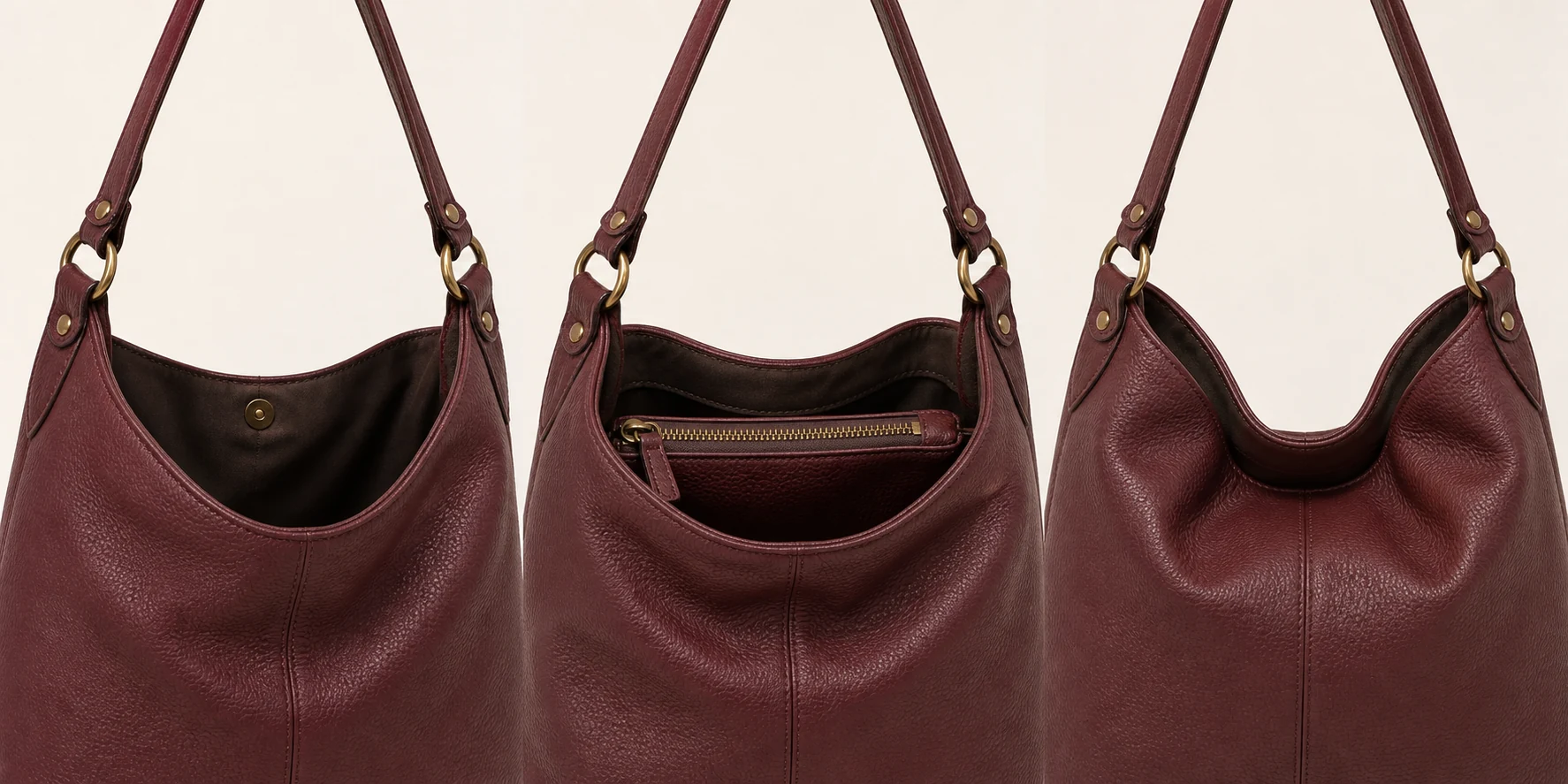 Three unbranded burgundy bag openings comparing a hidden catch, zipped inner compartment and inward-folded top.