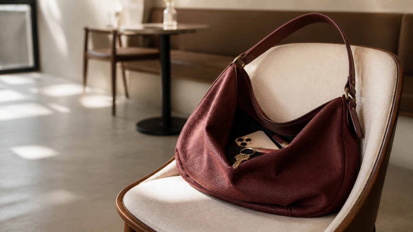Unbranded burgundy hobo bag styled open while a phone and keys sit close to the edge.