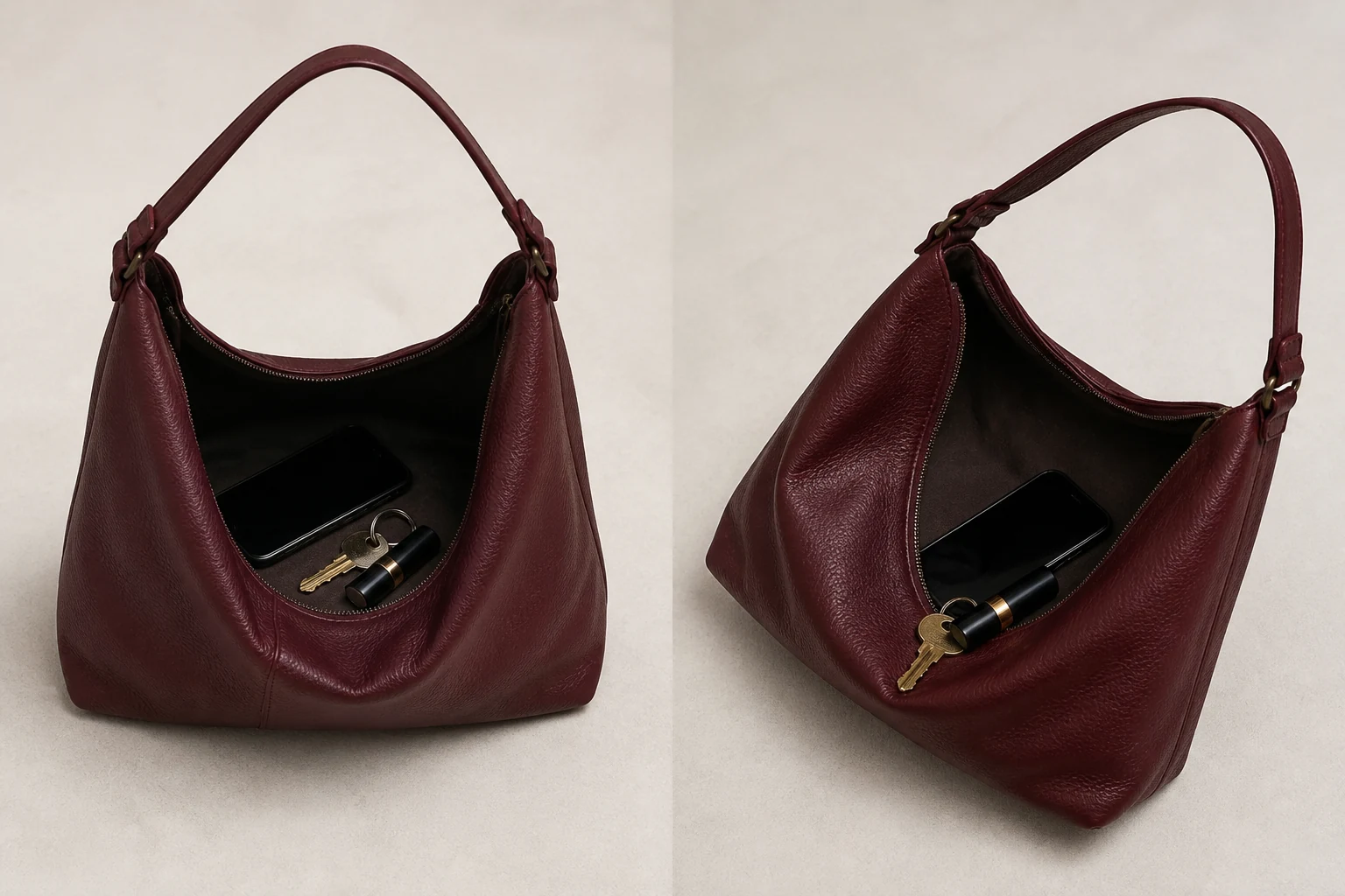 The same unbranded open hobo bag shown upright and tilted, with small belongings moving toward the opening.