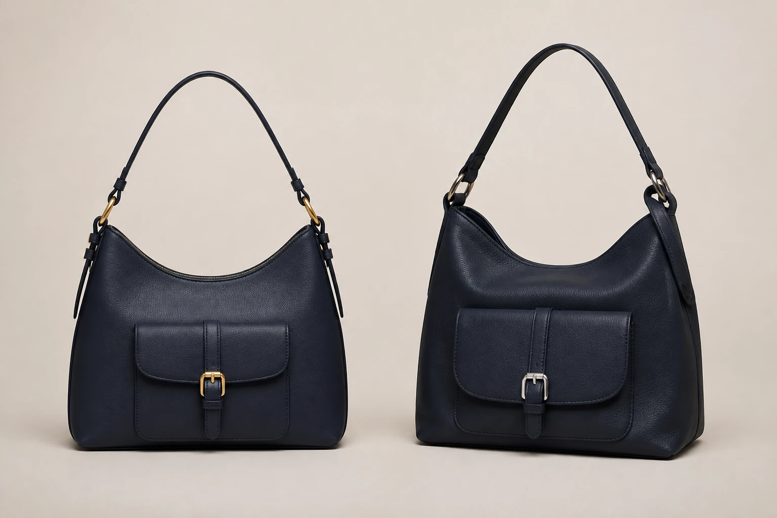 Two unbranded navy handbag samples showing how proportion and finish choices change the result.