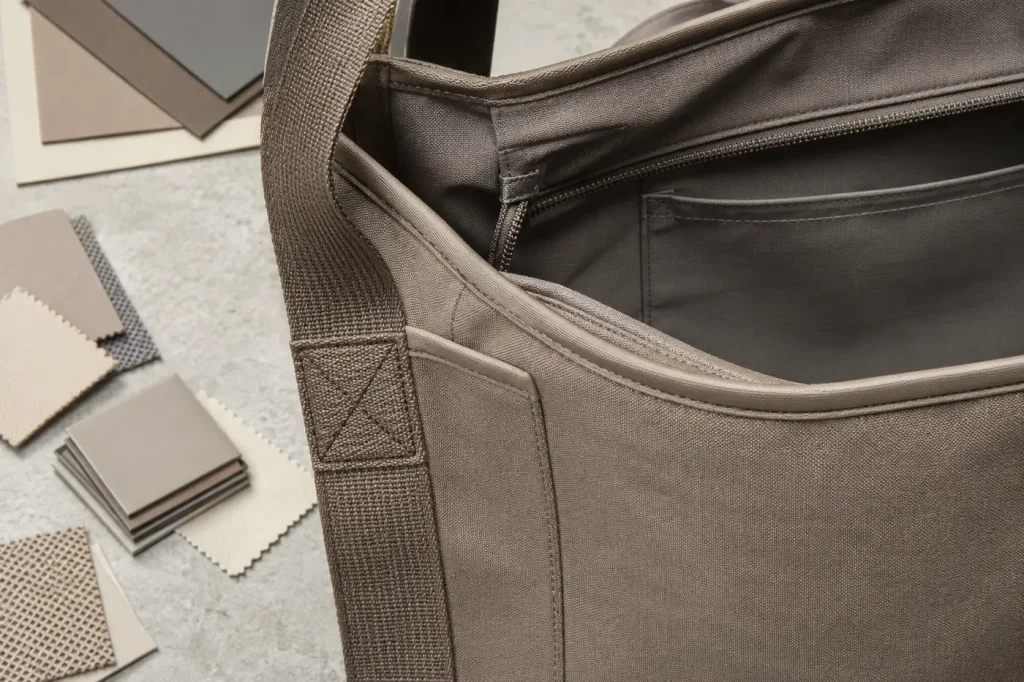 Non-leather tote bag strap zipper lining and construction details