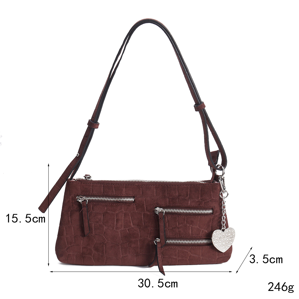 Brown Zip Pocket Velvet Shoulder Bag