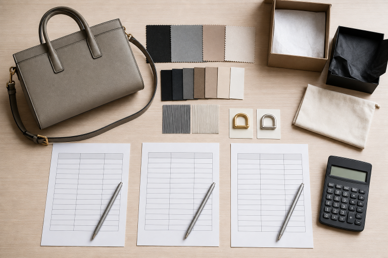 How to Compare Handbag Manufacturing Quotes Fairly — unbranded handbag product-development workspace.