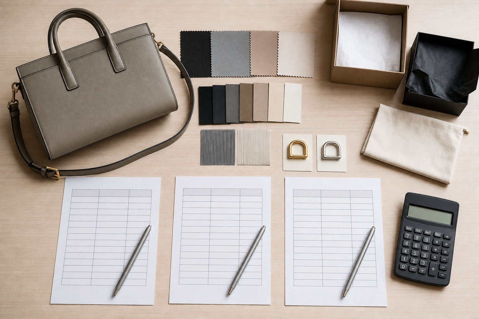 How to Compare Handbag Manufacturing Quotes Fairly — unbranded handbag product-development workspace.
