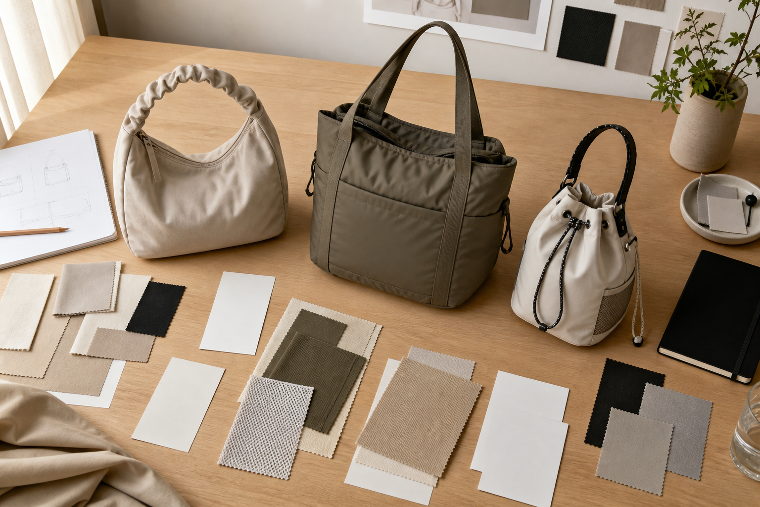 How Many Handbag Styles Should a New Brand Start With? — unbranded handbag product-development workspace.