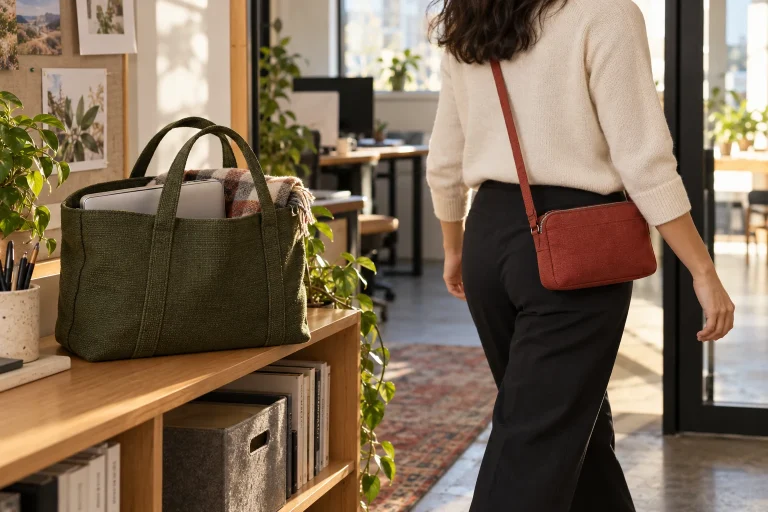 Olive textile work tote holding a laptop and scarf on a shelf while a woman walks away wearing a small rust-red crossbody bag.