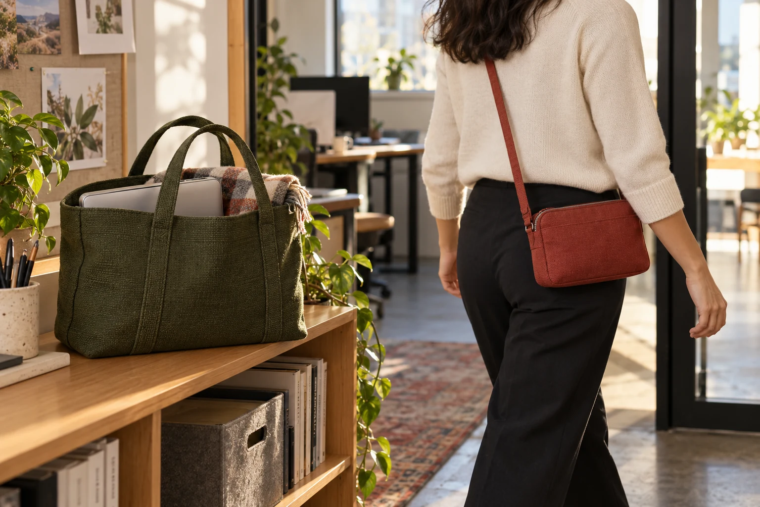 Olive textile work tote holding a laptop and scarf on a shelf while a woman walks away wearing a small rust-red crossbody bag.